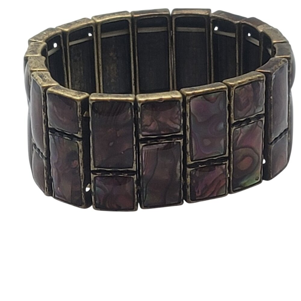 Vintage Brass-Tone Stretch Bracelet Rectangular Iridescent Inlays